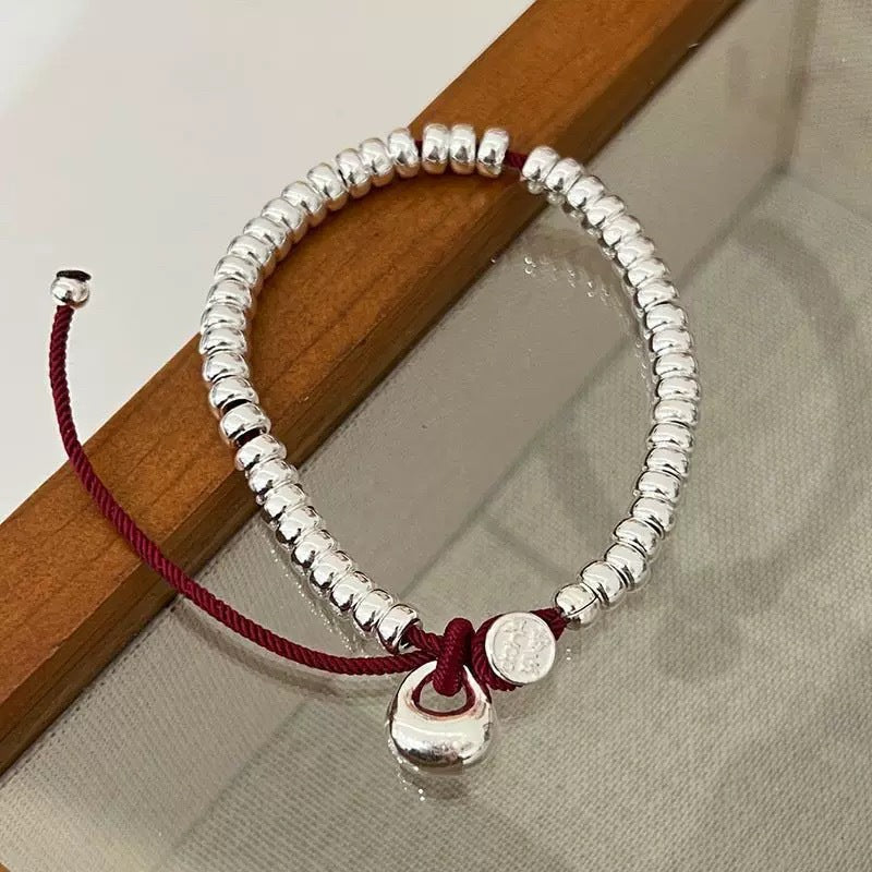 Solid silver s999 pure silver peace and joy money string bracelet, red rope for birth year, Valentine's Day gift.