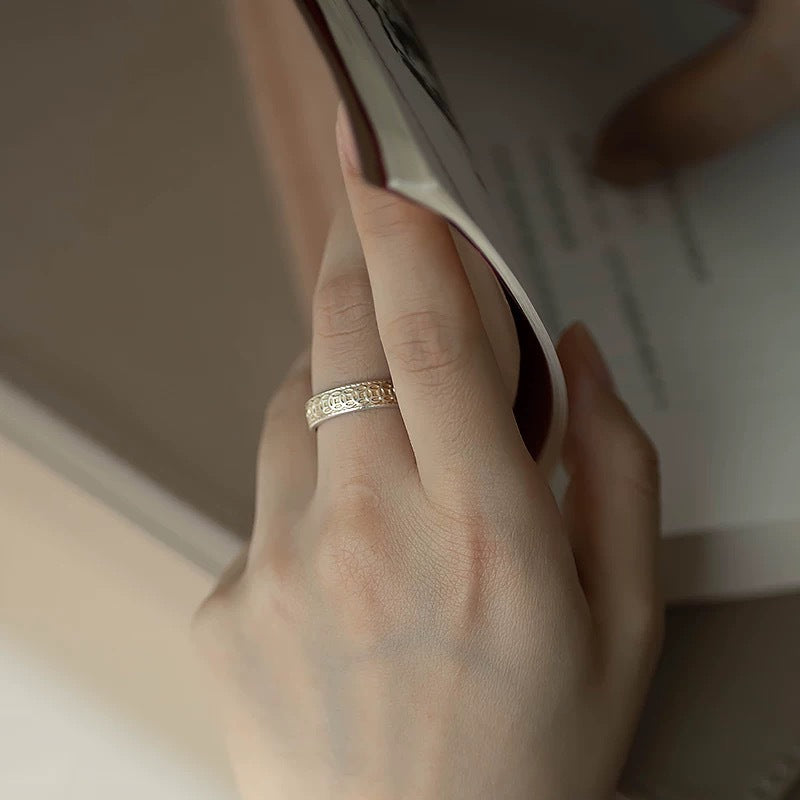 999.9% pure silver plated ring with gold-plated coins, simple and elegant ethnic style, retro sterling silver index finger ring for women.