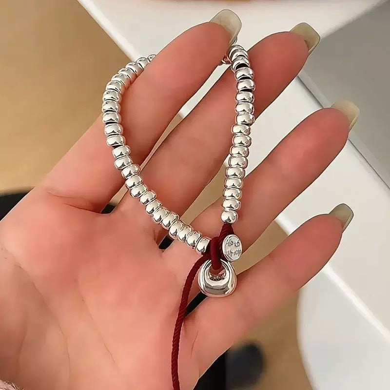 Solid silver s999 pure silver peace and joy money string bracelet, red rope for birth year, Valentine's Day gift.