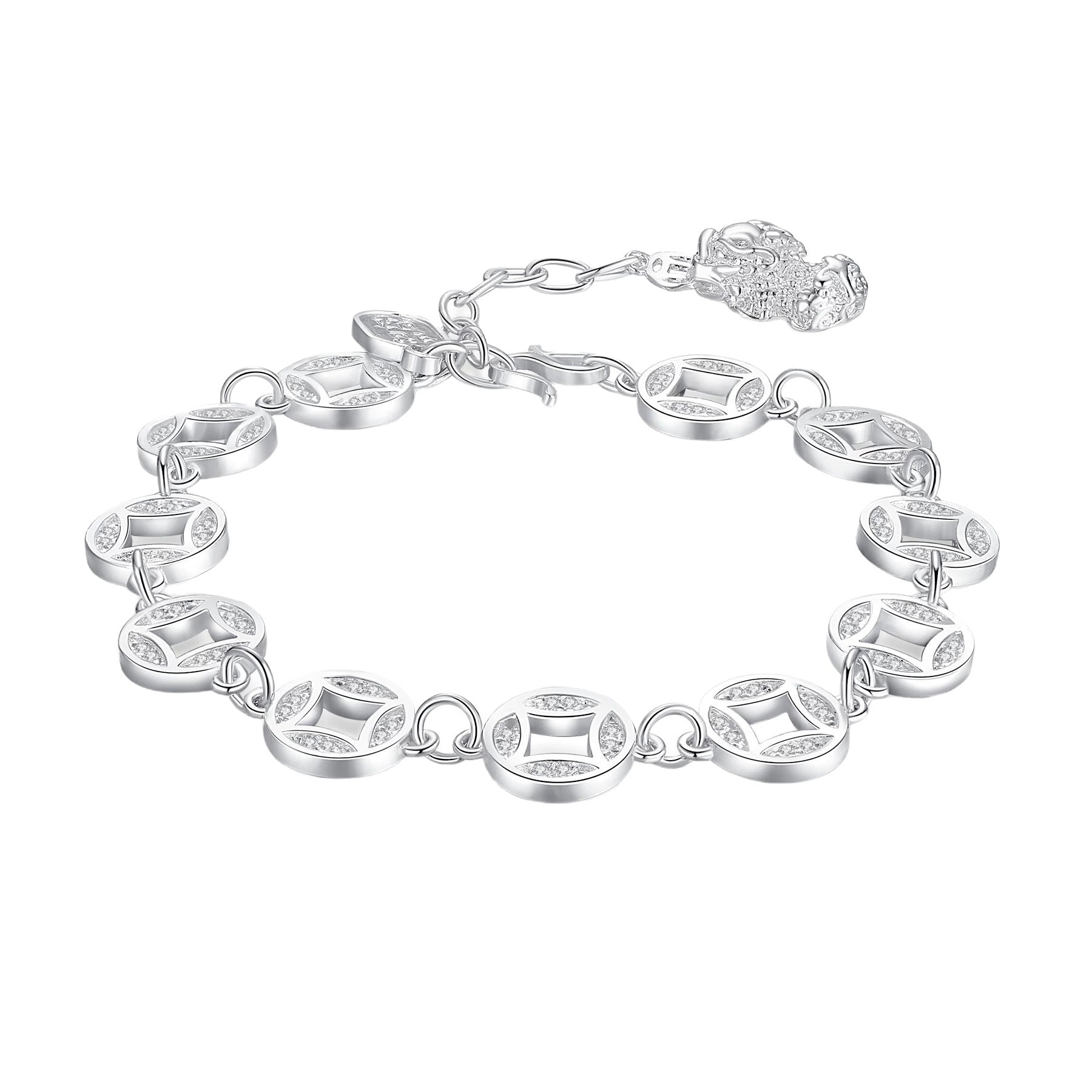 Sterling silver coin and Pixiu ethnic style bracelet, attracting wealth and good fortune, niche design, fashionable, exquisite and light luxury.