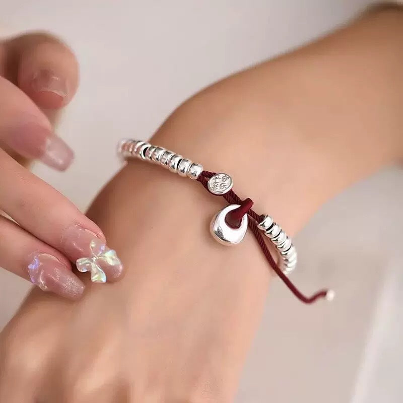 Solid silver s999 pure silver peace and joy money string bracelet, red rope for birth year, Valentine's Day gift.